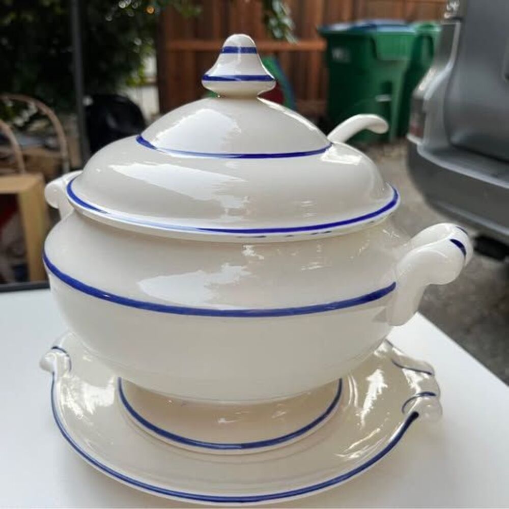 Vintage White Ceramic Soup Tureen with Blue Stripes, Lid, and Underplate